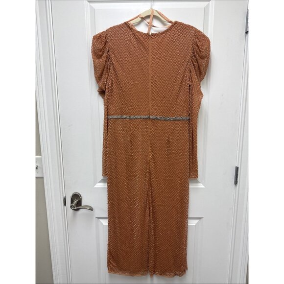 Mac Duggal Size 14 Orange Beaded Wrap Over Puff Sleeve Midi Dress Rhinestone NWT - Picture 7 of 10